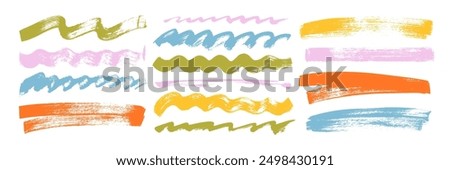 Set of colorful straight bold brush strokes and wavy thick lines. Dirty grunge paint brush strokes, underlines, highlights. Social media business banner art, highlight marker lines for text and design