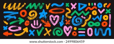 Colorful basic geometric shapes, arrows, brush drawn bold squiggles. Various childish doodle grunge elements. Punk girly style hearts, spirals and naive geometric figures. Vector collage elements.