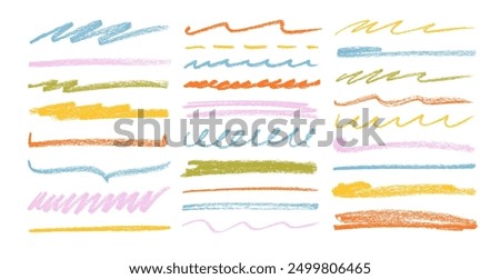 Various hand drawn crayon stripes and underlines collection. Pencil colored strips and rough highlighters, straight chalk lines, spirals. Doodle style sketchy chalk scribbles or strokes for notes.