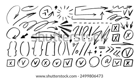 Charcoal doodle arrows, brackets, check marks and other emphasizes elements for hand drawn notes and presentations. Vector crayon doodle icons collection. Marker and crayon drawn graphic elements.