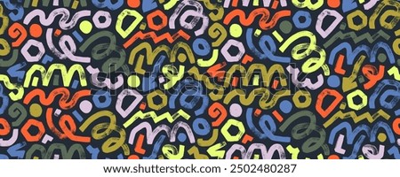 Colorful seamless banner design with curved bold lines, squiggles and swirls. Hand drawn doodle curly brush strokes. Kid's style background with various funky geometric shapes and bold lines.