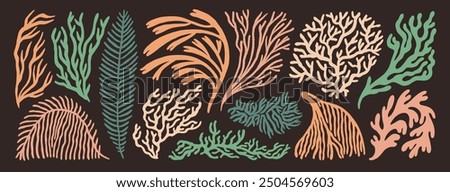 Aquarium, ocean and undersea seaweeds and corals icon set. Hand drawn minimal style branches and sea plants. Naive shapes curly seaweeds. Neutral colored retro style underwater plants. Funky fronds.