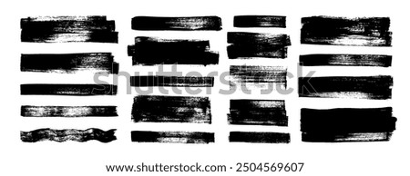 Collection of vector paint bold brush strokes, hand drawn thick grunge lines and rectangle shapes. Sketchy bold horizontal lines. Black ink brush strokes and banners. Grunge marker highlight underline