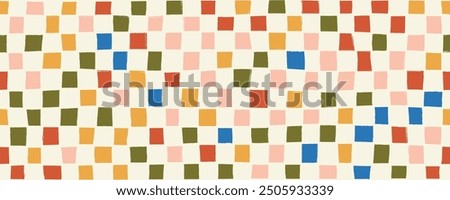 Seamless banner design with checked motif. Hand drawn retro geometric squares seamless pattern. Colorful square dots, particles, geometric mosaic background. Abstract halftone texture.