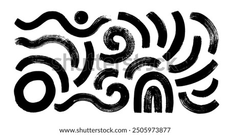 Collection of curved bold lines, arches and circular brush strokes. Hand drawn thick rough lines, swirls. Abstract modern vector squiggles. Scribble doodle strokes for collages and design.