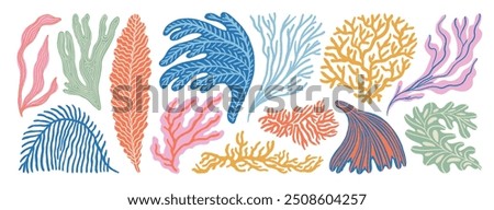 Aquarium, ocean and undersea seaweeds and corals icon set. Hand drawn minimal style branches and sea plants. Naive shapes curly seaweeds. Pastel colored kid style underwater plants. Funky fronds.