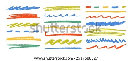 Kid's style crayon scribbles, colorful underlines, straight and wavy doodle lines. Charcoal drawn smears and strikethrough set. Crayon or marker doodle scribbles. Childish drawing, various rough lines