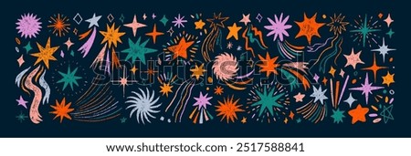 Colorful crayon drawn stars and comets. Set of doodle sparks and sparkles. Pencil or charcoal drawing. Crayon drawings of night sky symbols. Doodle magic blinking stars, charcoal cosmic motif.