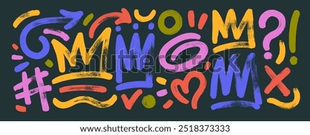 Colorful naive brush drawn crowns, squiggles and arrows. Funky hearts and hand drawn geometric figures. Various bold scribbles and shapes in trendy retro style. Punk and graffiti style elements.