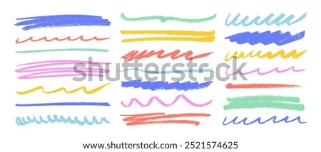 Kid's style crayon scribbles, colorful underlines, straight and wavy doodle lines. Charcoal drawn smears and strikethrough set. Crayon or marker doodle scribbles. Childish drawing, various rough lines