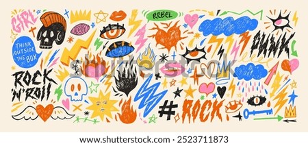 Punk and rock style crayon drawn shapes. Collection of colorful graffiti doodle girly figures. Crayon drawn lightnings, crowns, burning heart, stars and eyes. Punk retro sticker collection for collage