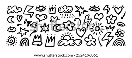 Vector childish hand drawn doodle collection. Kid's style doodle flowers, crowns, hearts and weather icons. Cute naive vector elements. Outline shapes and figures. Funky drawings.