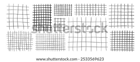 Crayon drawn grids for notes. Square grid and striped patten for hand drawn notepads. Checked wallpaper print for collages. Geometric plaid pattern with pencil lines and strokes. Striped paper.