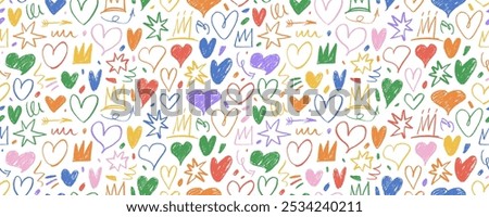 Colorful seamless pattern with cute crayon drawn hearts and crowns. Childish style background with romantic symbols. Seamless romantic background for Birthday and Valentine's wrapping paper.