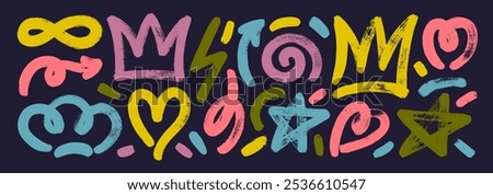 Collection of colorful doodle grunge figures, squiggles and crowns. Funky arrows, heart, star shape and spiral. Punk style elements for collages and hip hop design. Primitive geometric forms set.