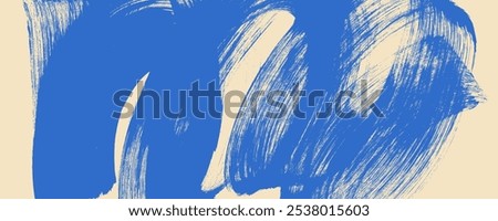 Grainy blue spiral brush strokes with spray texture. Hand drawn horizontal banner with thick blue curved brush strokes. Distress texture background with scattered tiny dots. Retro background.