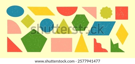 Retro colored basic geometric figures drawn by a crayon or chalk. Funky graphic triangle, square, oval, circle, corners. Hand drawn vector geometric shapes with pencil texture. Y2k stickers or badges.