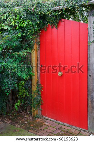 Red painted door on backyard fence with brass knob