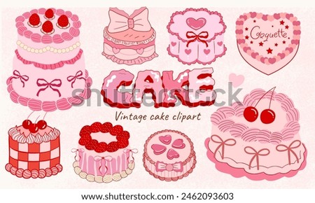 Coquette cake, Vintage Pink Cake Collection with Retro Decorations and Heart cake, pink coquette clipart