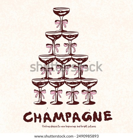 Champagne Tower Illustration Clipart, wedding, wedding stationery and signage, cocktails, champagne glasses clink drawing outline, coquette clipart,  champagne cheers