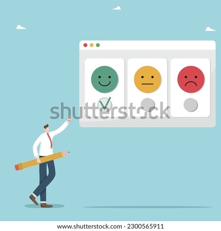 User experience, positive feedback about product quality and service, high rating from customers, evaluation rank, positive emotion or good mood selection, a man with a pencil gives the best rating.