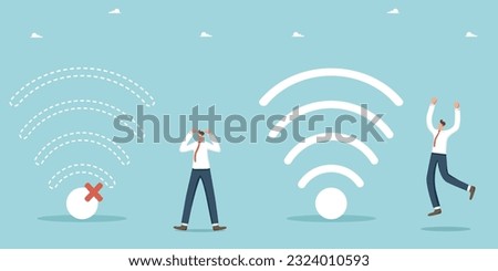 Free wi-fi hotspot, wi-fi bar, public internet access area, work or home network, internet addiction, one man is shocked by the lack of internet, second man rejoices at free high-speed wifi available.