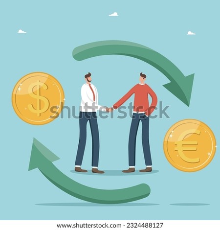 Money transfer, currency exchange, international companies for making currency transfers, dollar to euro conversion, account transactions, two businessmen shaking hands and exchanging currency.