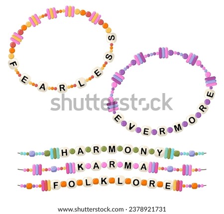 Collection of vector jewelry, children's ornaments. Bracelet of handmade plastic beads. Set of bright colorful braided bracelets with letters from words fearless, evermore, harmony, karma, folklore