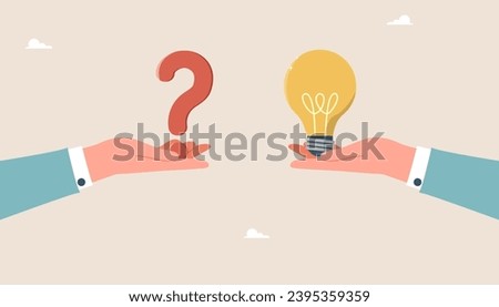 Brainstorming to solve business problems, creativity and intelligence to create new ideas and opportunities, thought process and logic to achieve goals, question mark and light bulb in hands.