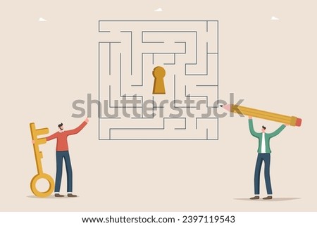 Progress or path to goals during work process, secret key to unlocking new opportunities, different ways and methods of achieving great success and victories in business, men trying to solve labyrinth