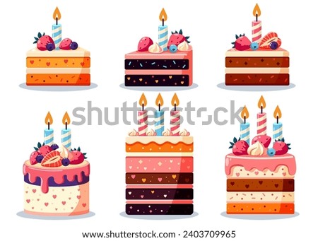 Set of cakes slices pieces with candles isolated on white. Set of cakes. A piece of birthday cake with a candles, pink icing and fruits. Happy birthday card design element.