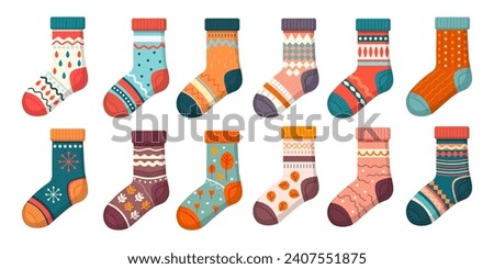 Collection of trendy cotton and woolen socks with different textures isolated on white background. Vector illustration. Knitted socks set different colors and sizes.