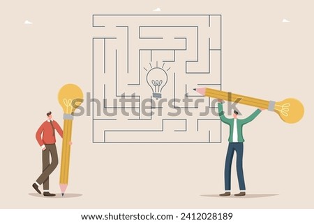 Collaboration and teamwork in search of new creative ideas, thought process and logic as key to success, solving complex problems, brainstorming to create innovations, men go through maze to get idea.