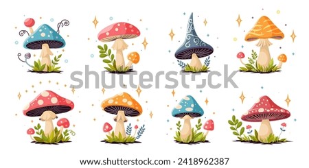 Collection of fairy magic fantasy mushrooms with grass and twigs in magic forest. Set of vector fungi and fantastic toadstools isolated on white background. For web, video games, design printing.