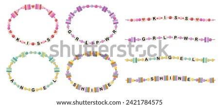 Collection of vector jewelry, children's ornaments. Bracelet of handmade plastic beads. Set of bright colorful braided bracelets with letters from words girl power, angel, kiss, shine.