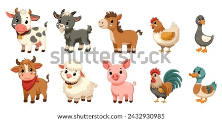 Set of cute funny farm animals isolated on white background. Collection of happy little animals. Flat vector illustration. Goat, bull, cow, duck, goose, hen, horse, pig, rooster, sheep.  