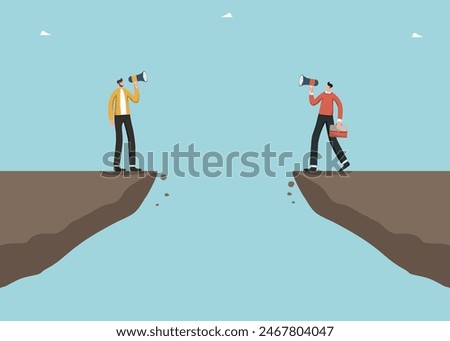 Opposite business vision, team players disagreement or team conflict, alternative choice, market competition, different business development strategies, men argue on opposite sides of a cliff.