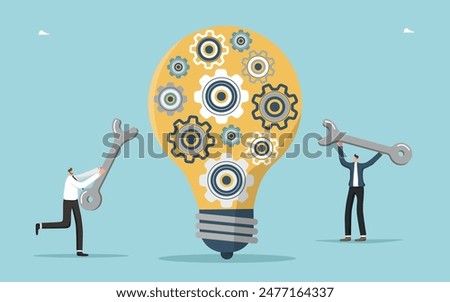 Brainstorming and creativity to solve business problems or assignments, creative thinking to analyze and optimize work, team assistance in unforeseen situations, men turning gears in a light bulb.