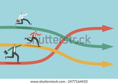 Opposite business vision, team players disagreement or team conflict, alternative choice to reach finish, market competition, different business development strategies, businessmen race along arrows.