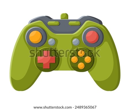 Green videogame joystick. Retro game console, wireless gamepad, icon of playing controller on white background, electronic digital device, accessory for gamers, gaming technology.