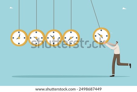 Managing work time and planning working day, observing calendar schedule and meeting project deadlines, time management, employee productivity per unit of working time, man launches clocks like balls.