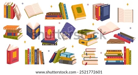 Cute colorful book collection. Set of different stacks and piles of books, open and closed books. Educational theme, scientific and fiction literature. Vector illustration isolated on white background