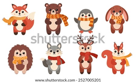 Cute winter forest animals wearing in warm scarves. Flat vector illustration isolated on white. Winter and autumn design, cold weather sticker. Hedgehog, bear, deer, hare, fox, penguin, wolf, squirrel