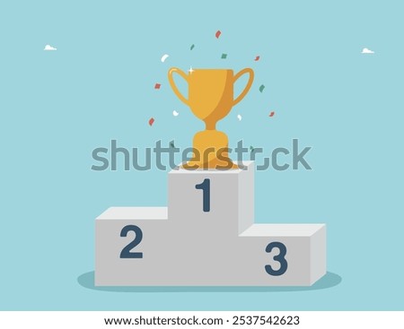 Сoncept of victory and great success, planning path to achieve excellence in work, achieving getting career promotion, accuracy in setting goals, high results, receive rewards, pedestal with trophy.