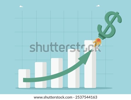 Increasing income and wages, financial growth, improving economy, profitability of the investment portfolio, growth of dollar currency, reduction in inflation, dollar takes off like rocket on chart.