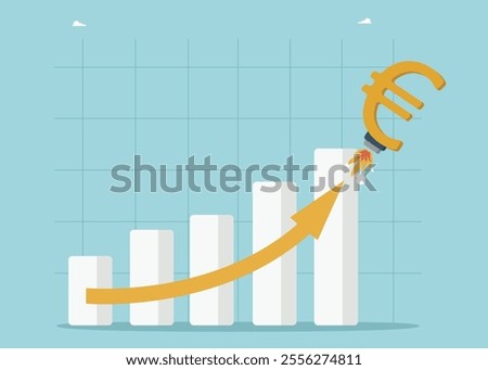 Increasing income and wages, financial growth, improving economy, profitability of the investment portfolio, growth of dollar currency, reduction in inflation, euro takes off like rocket on chart.