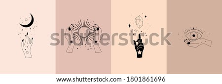 Set of alchemy esoteric mystical magic celestial talisman with woman hands, sun, moon, stars sacred geometry isolated. Spiritual occultism object. Vector illustrations in black outline style