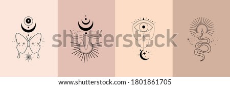 Set of alchemy esoteric mystical magic celestial talisman with skull of bull, snake, butterfly, sun, moon, stars sacred geometry. Spiritual occultism object. Vector illustration in black outline style