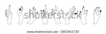 Set of woman hands in various gestures isolated on white background. Witchcraft esoteric magical mystical one line open empty holding hands collection. Vector illustration in outline style