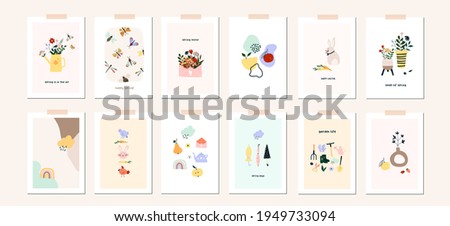 Spring Easter mood greeting card poster template. Welcome spring season invitation. Minimalist postcard nature leaves, tree, flowers, houses, abstract shapes. Vector illustration in flat cartoon style